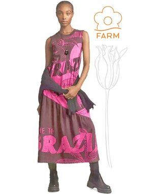 Farm Rio Tiered Brazil Toucan T-Shirt Midi Dress Pink Brown